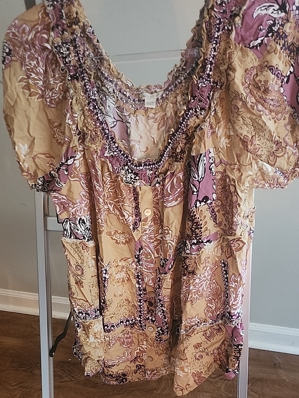Cato Pink and Tan Floral Smocked Button-Front Blouse